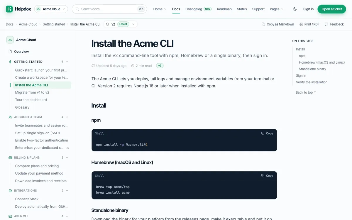 An article: navigation, text and “On this page”